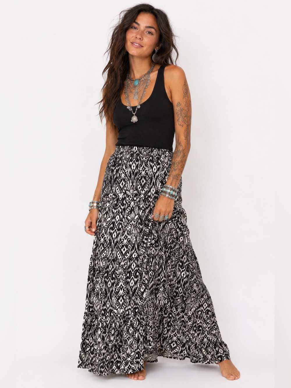 Avenue Black & White Boho Maxi Skirt